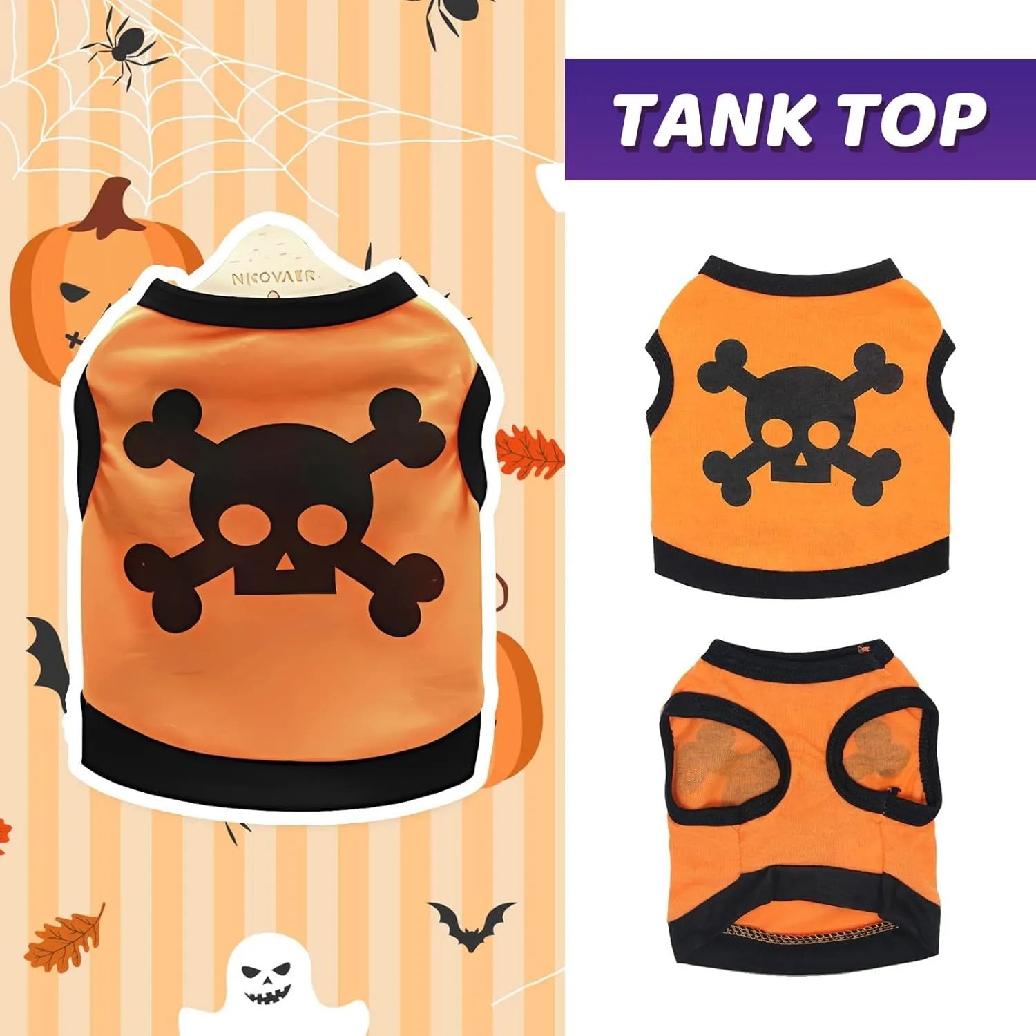 Halloween dog vest with skull bones pattern in blue, orange, purple colour options on small pet