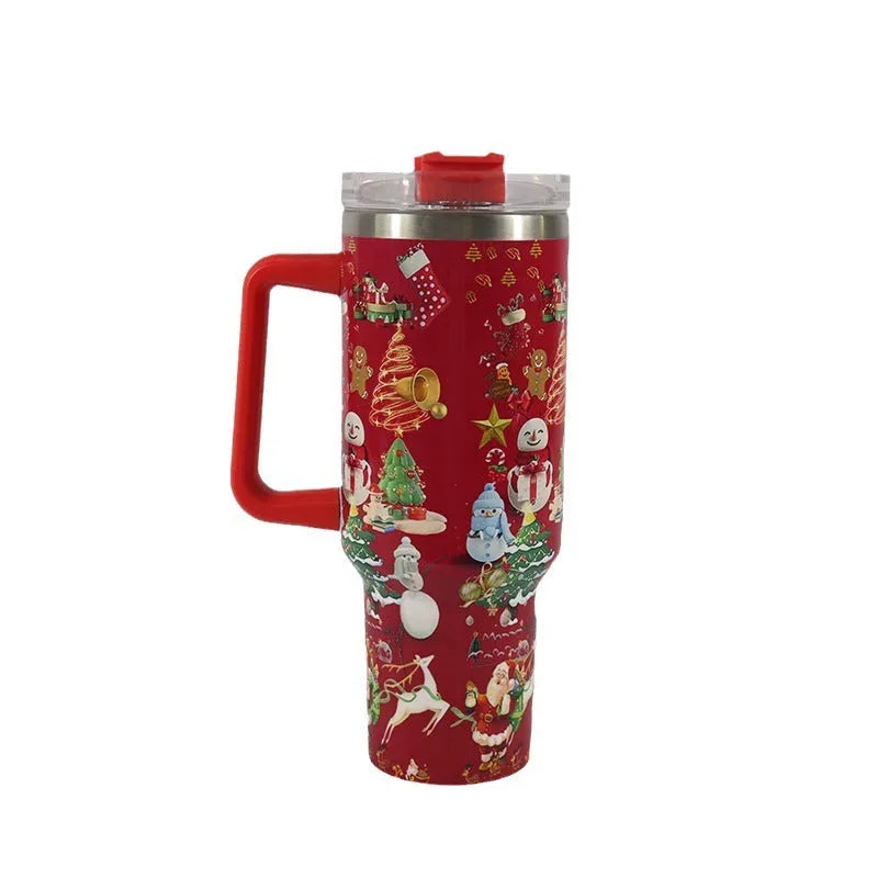 Christmas pattern stainless steel vacuum tumbler with handle, lid and straw showing 1200ml capacity measurements