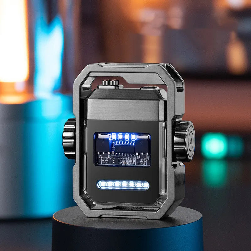 Blue windproof electric lighter with a double arc flame and a visible mechanical gyroscope mechanism.