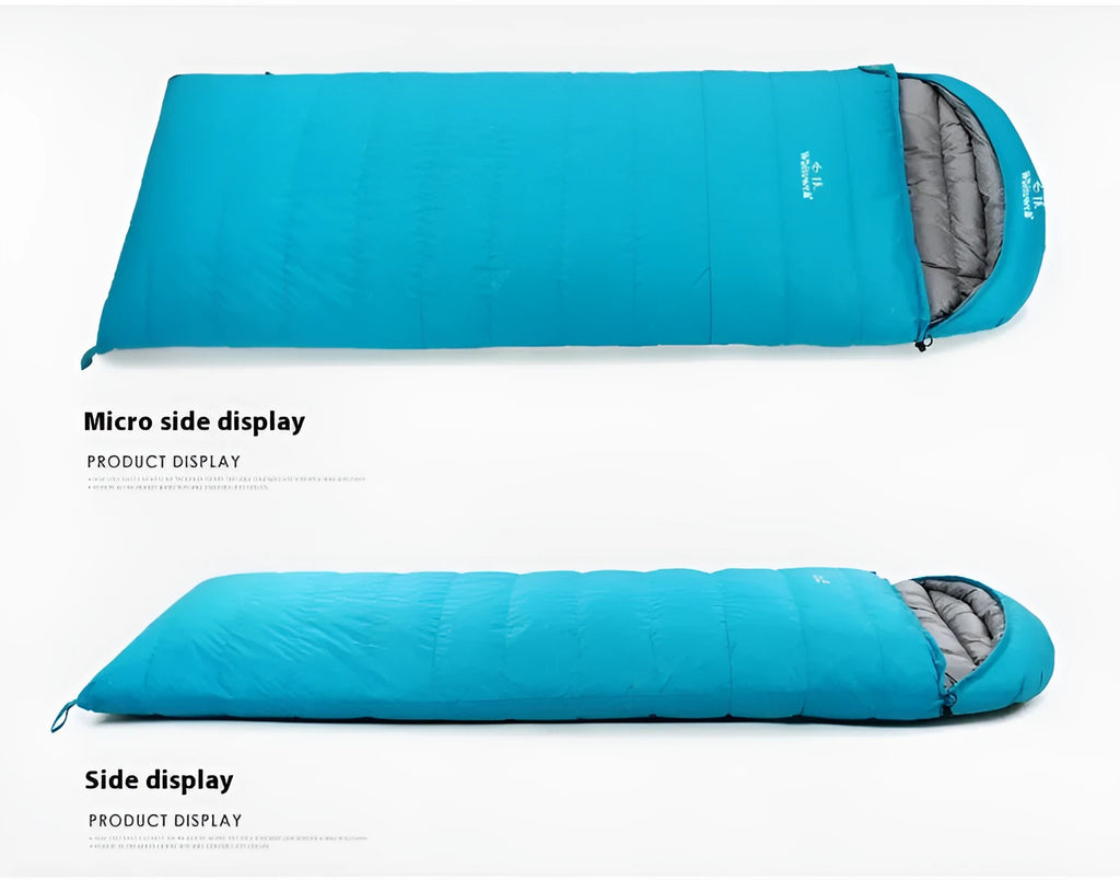 Black outdoor sleeping bag with envelope design, shown with options for goose down or velvet insulation weights.