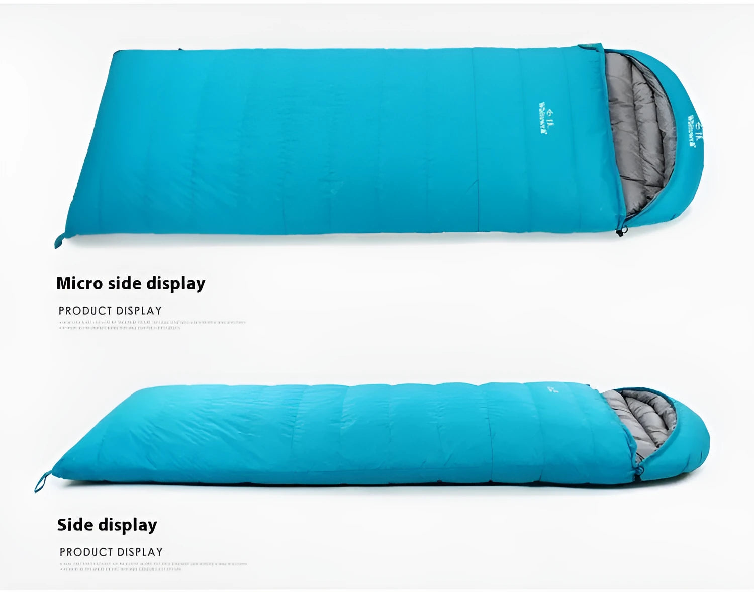 Black outdoor sleeping bag with envelope design, shown with options for goose down or velvet insulation weights.