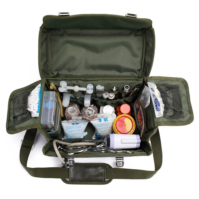 Portable emergency first aid kit backpack in army green with logo, designed for outdoor and home use