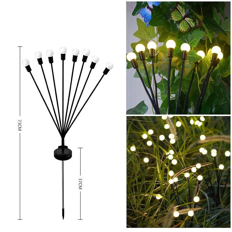 Solar-powered LED firefly garden light with multiple heads and a ground stake.