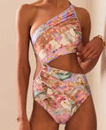 Women's rose gold pattern swimsuit made from polyester fabric available in multiple sizes