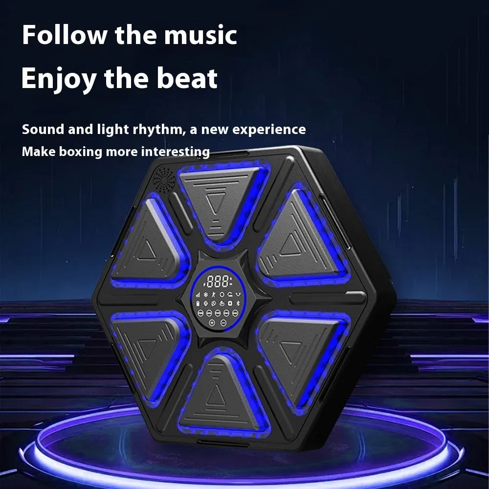 Electronic boxing wall target with music rhythm system showing dimensions and installation options
