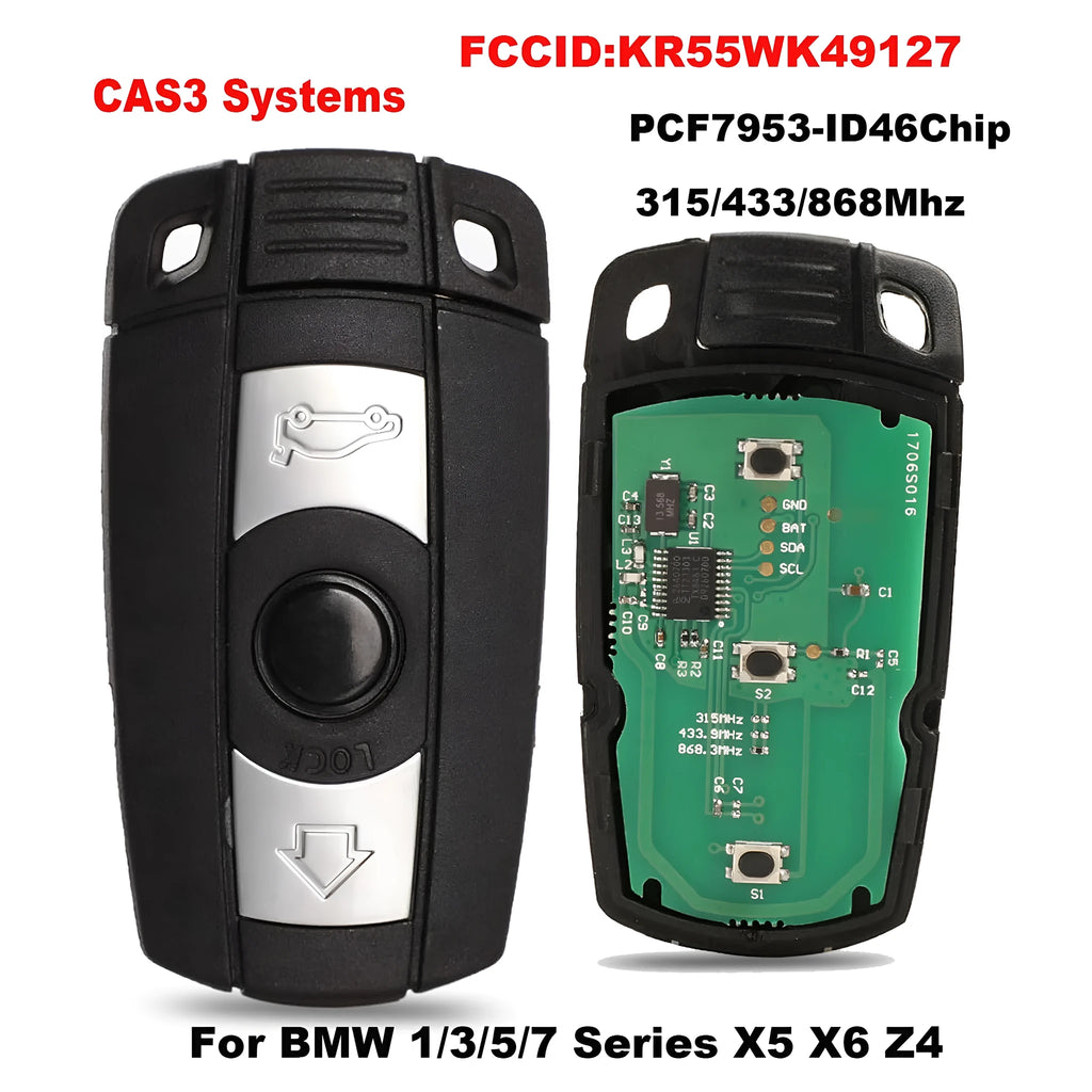 BMW semi-intelligent remote car key fob with three buttons, metal and plastic construction.