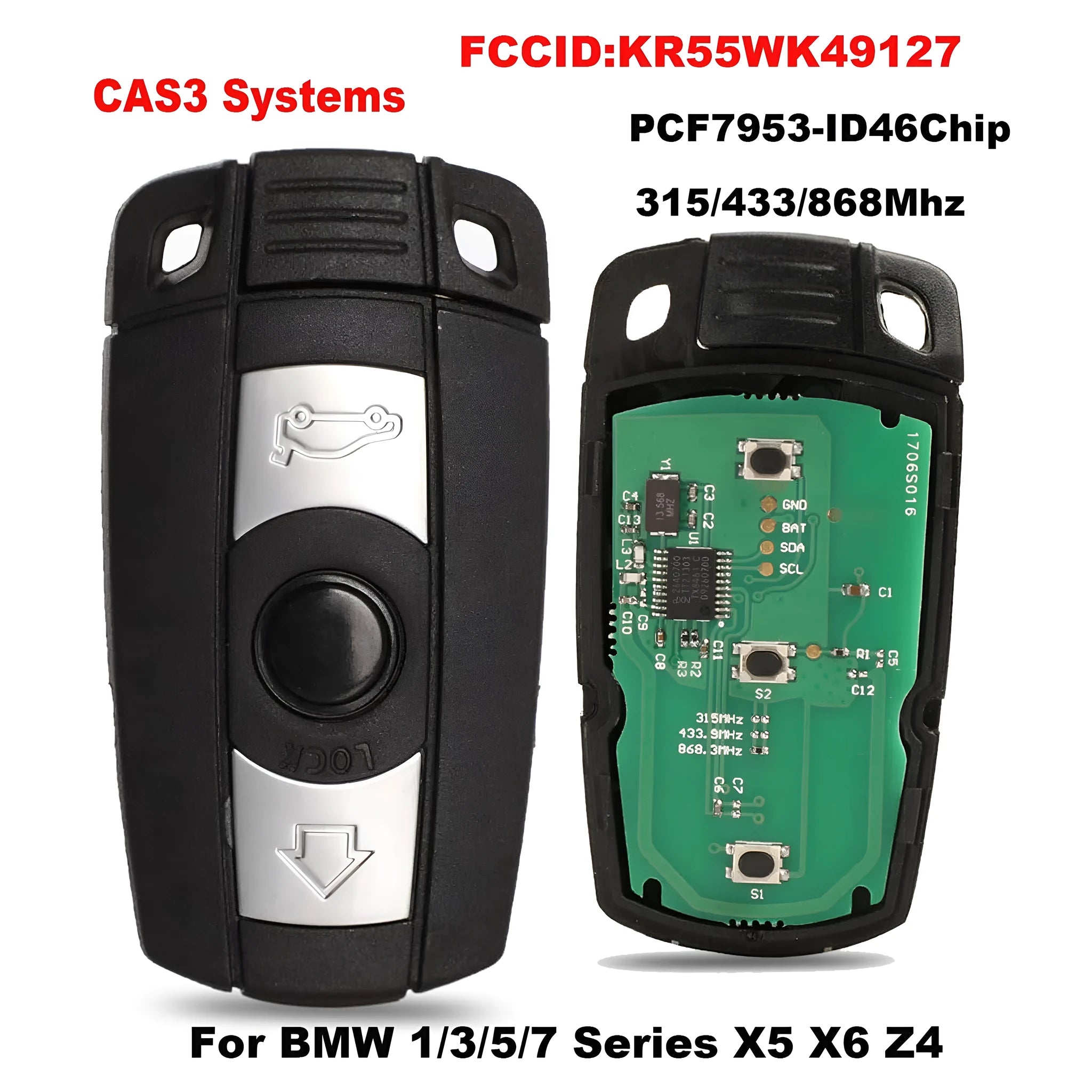 BMW semi-intelligent remote car key fob with three buttons, metal and plastic construction.