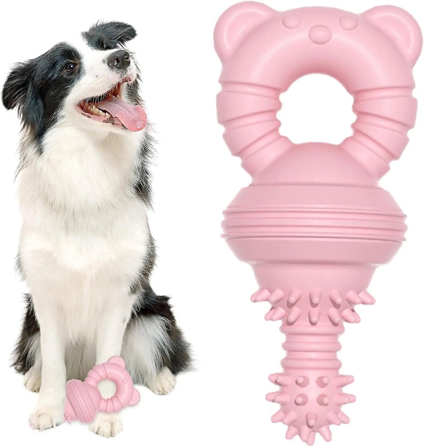 Blue molar-shaped rubber dog chew toy with textured surface for aggressive chewers