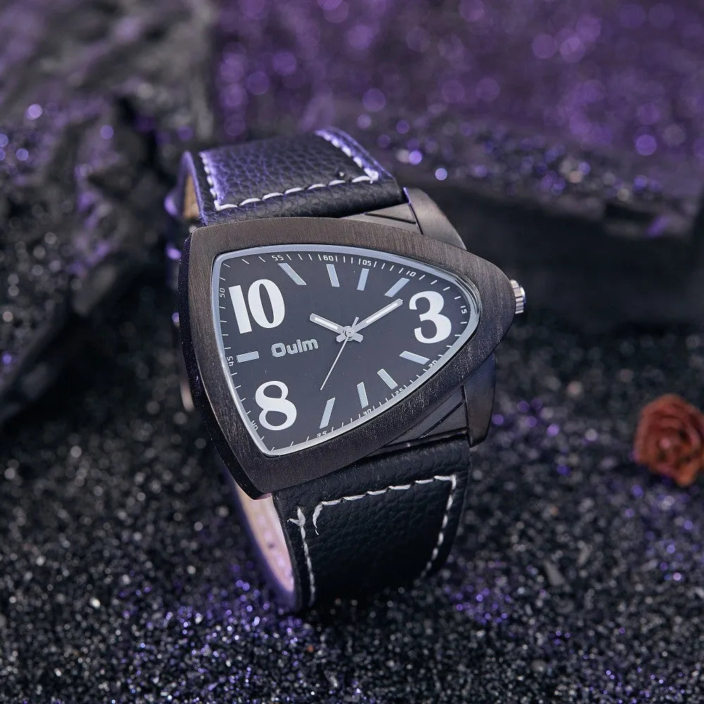 Men's casual watch with a triangle belt buckle shown in brown, black, and blue colour options.