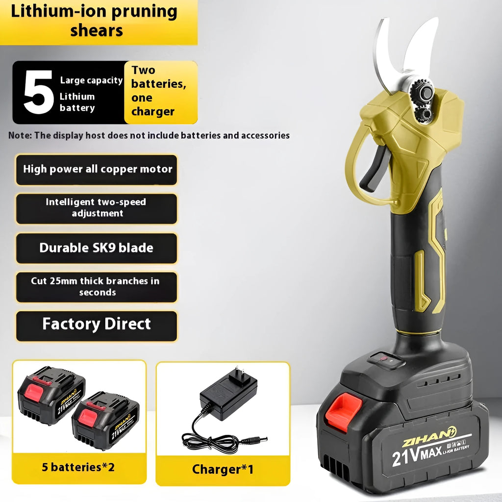 Cordless electric pruning shears with plastic storage box containing two lithium batteries and charger