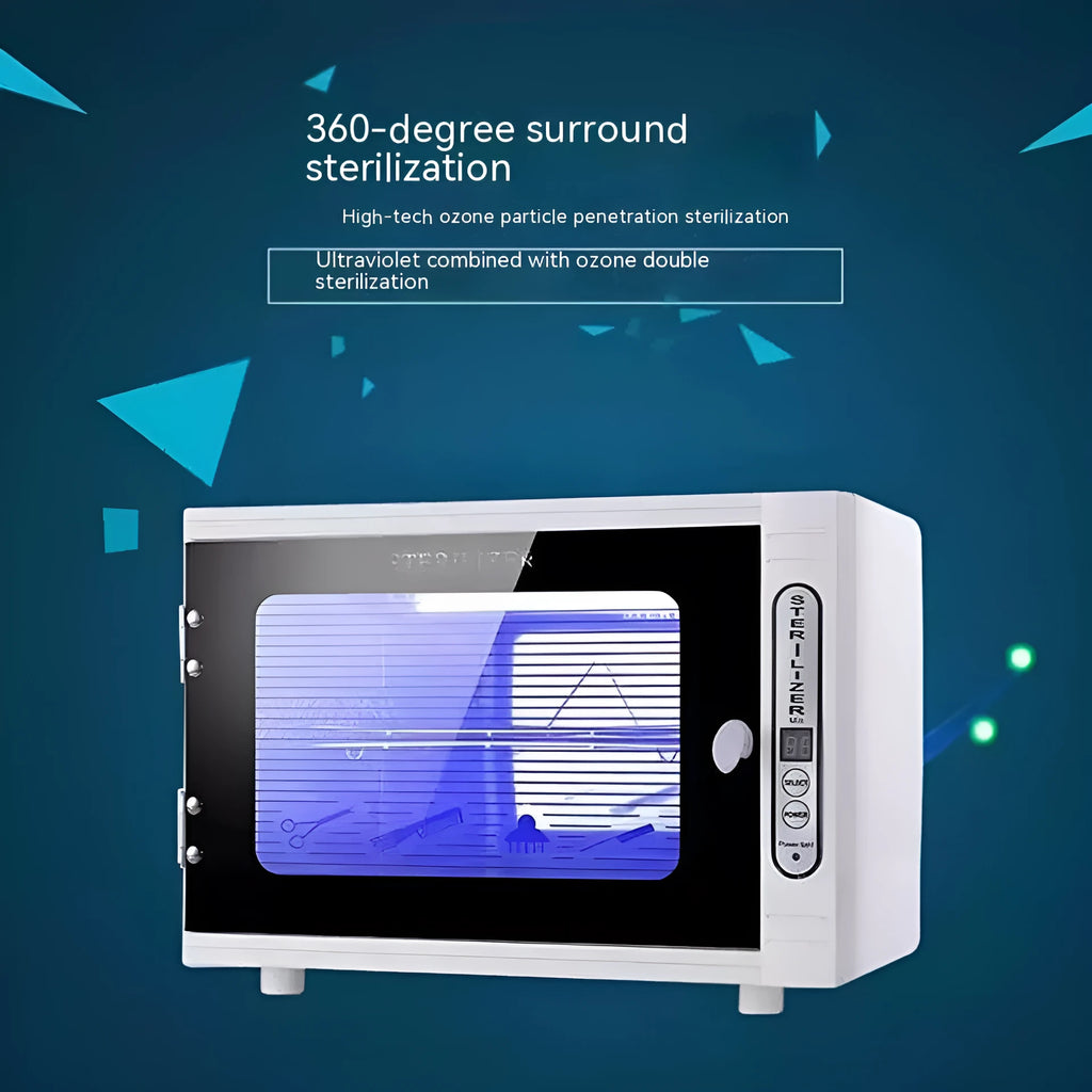 Small silver ultraviolet steriliser cabinet with stainless steel interior for salon tool hygiene