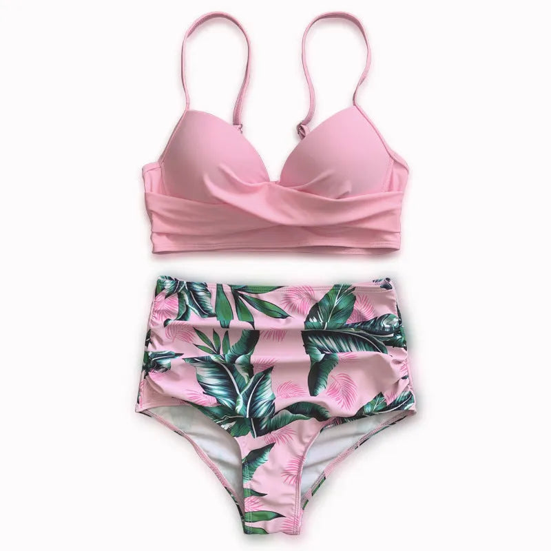 Yellow high-waisted bikini set with steel bracket push-up bra and floral print split briefs.
