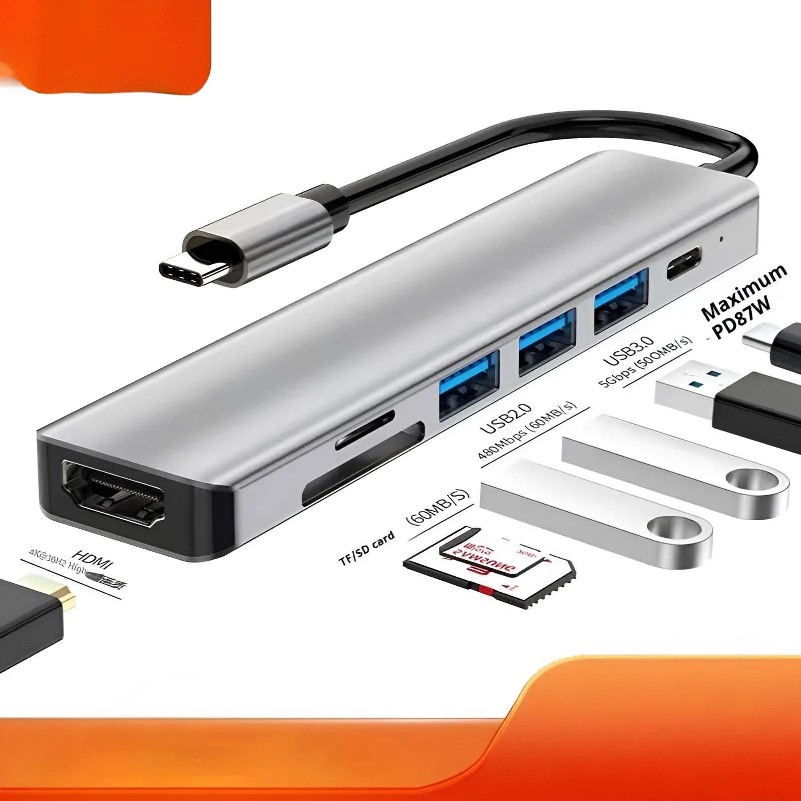 Type-C 7-in-1 expansion dock with HDMI support and 15cm cable for laptop and tablet connectivity