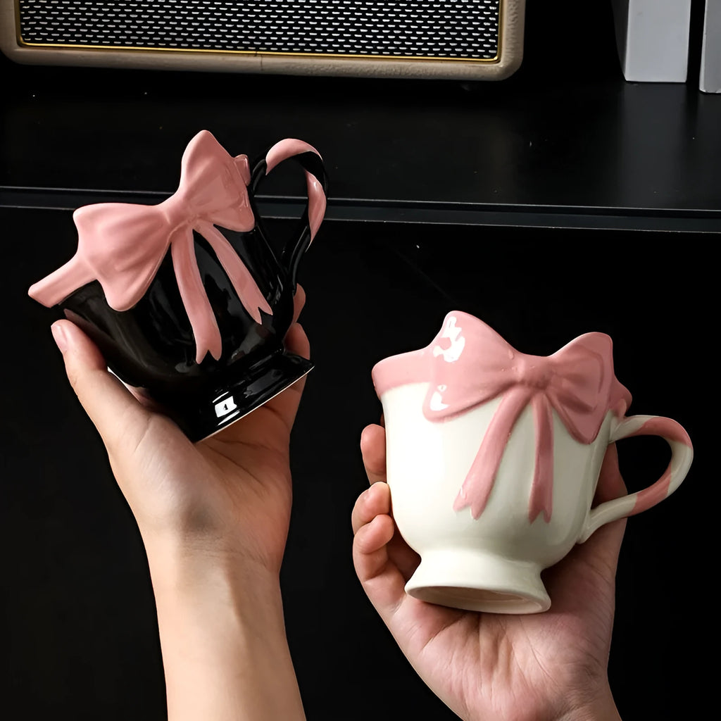Ceramic heart bow mug in black pink colour with 350ml capacity