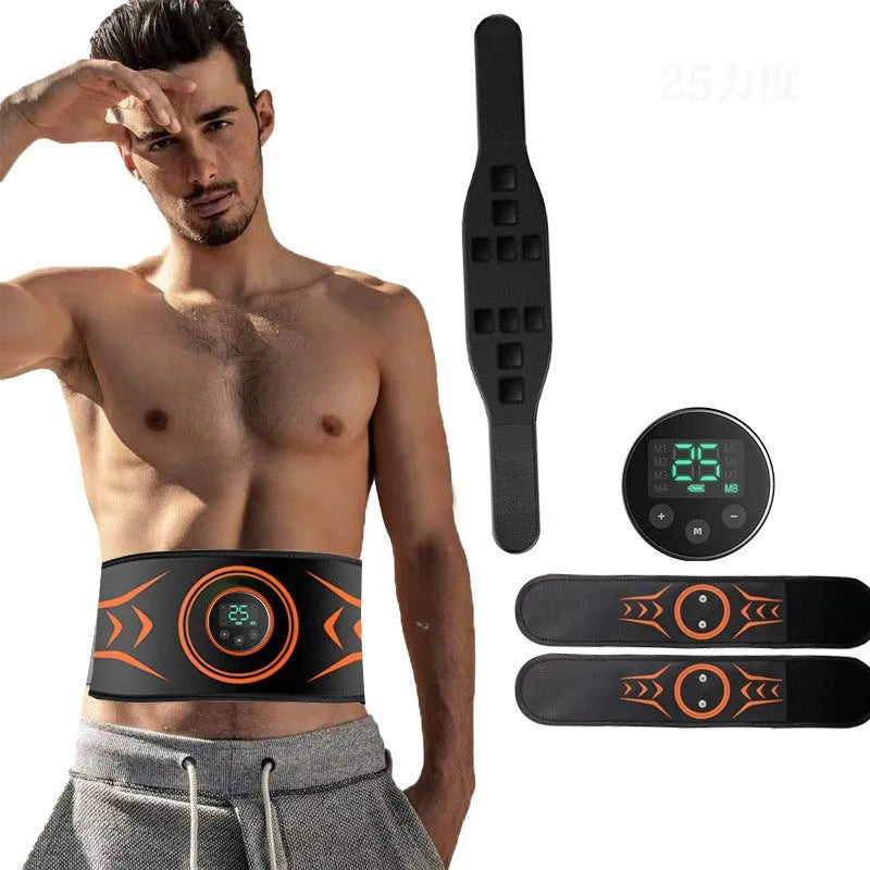 EMS abdominal muscle stimulator belt with rechargeable host unit, arm stickers, and extension strap for home fitness training