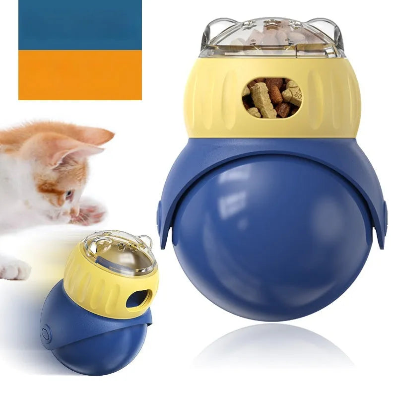 Morandi yellow and blue plastic owl-shaped cat puzzle feeder toy.