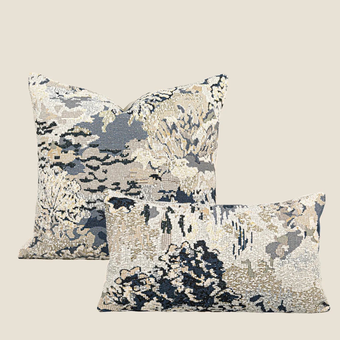 Chinese style antique blue floral pattern decorative cushion with wool blend cover on a sofa.