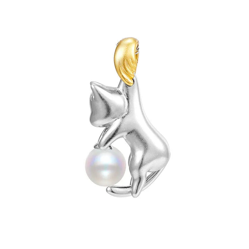 925 sterling silver cat pendant clavicle chain necklace with optional pearl beads