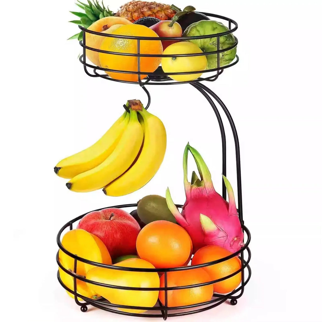 Double-layer wrought iron fruit basket with open wire sides in black or gold finish