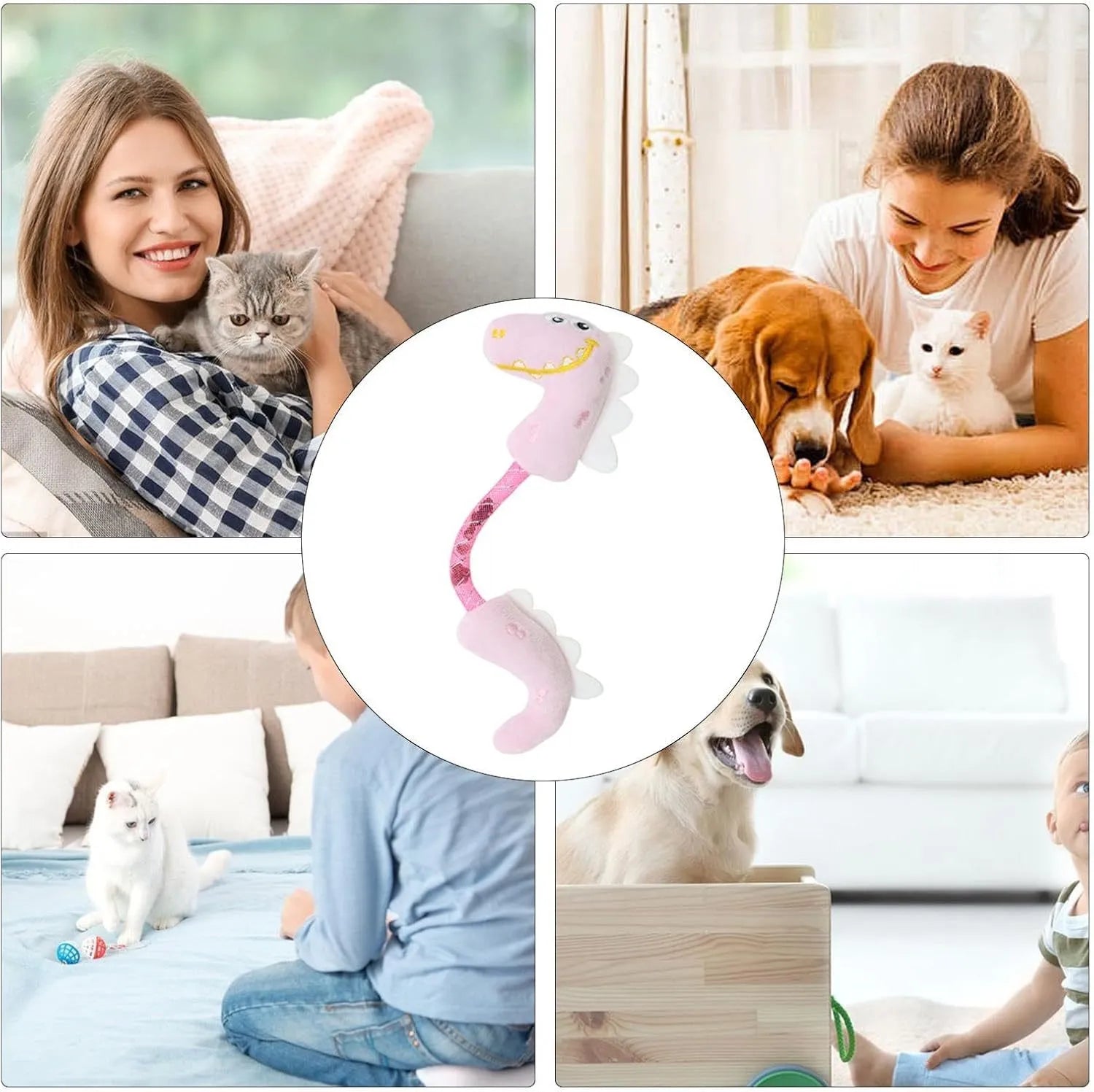 Four cat toys set showing catnip rope, plush mouse, plush fish, and plush bunny in pink, purple, yellow colours
