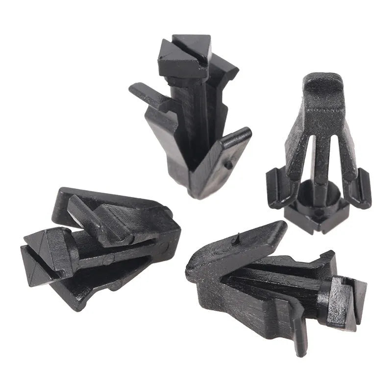 Black plastic bumper cover and radiator grille fastening clip for Nissan vehicles, model 76882-0M060.