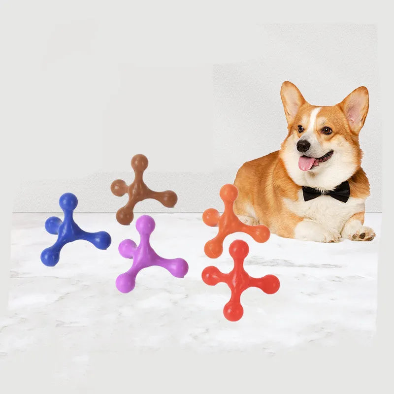 Blue silicone dog chew bone with three legs for small and medium teething puppies