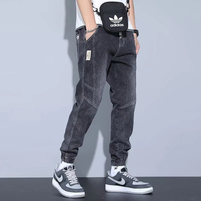 Men's slim fit ankle-tied harem jeans in blue, black, and gray – straight-leg cotton denim trousers