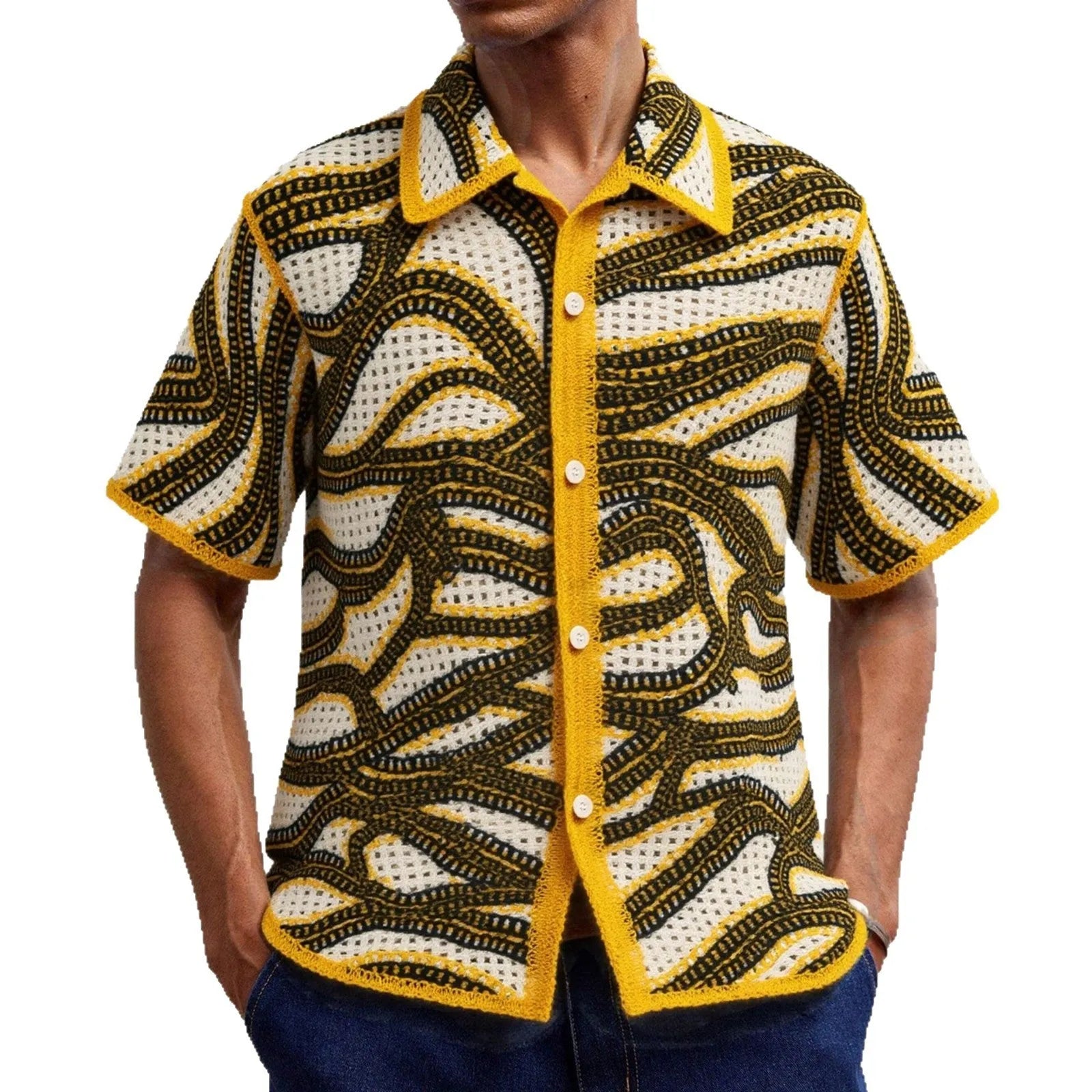 Khaki short sleeve cardigan with American striped pattern and hand-crocheted retro design