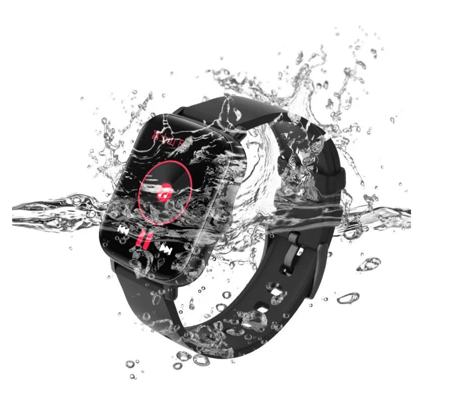 Smart watch with 1.7-inch colour touch screen on adjustable strap, shown in black, blue, or gold.