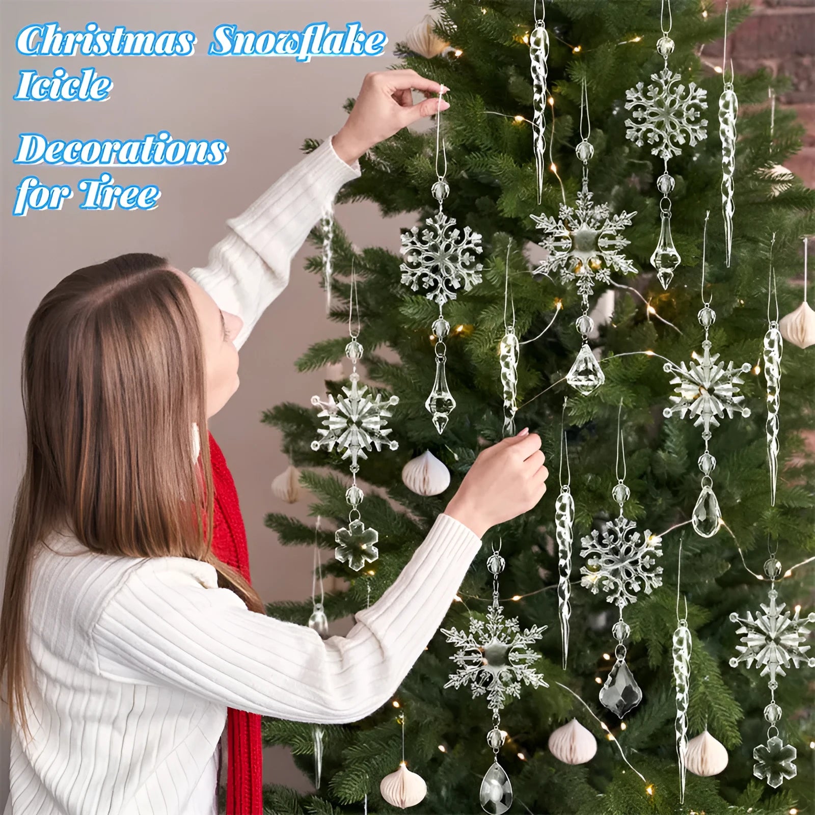 10 clear acrylic icicle and snowflake Christmas tree hanging ornaments with white ribbon