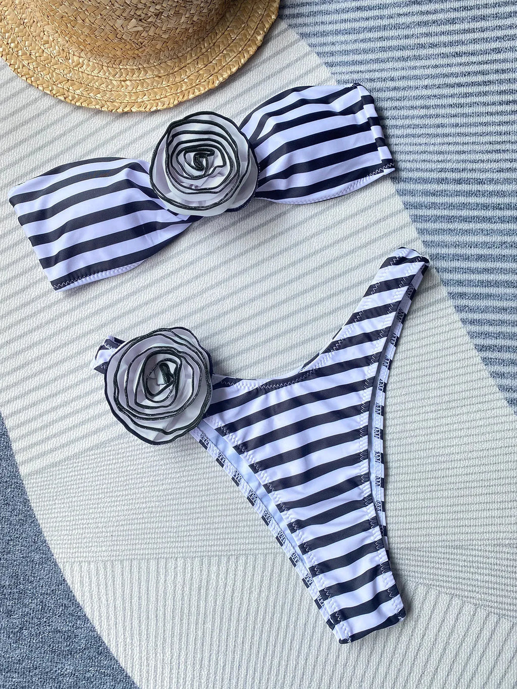 Cross-border tube top bikini with three-dimensional floral split design in striped, black, creamy white or rose red