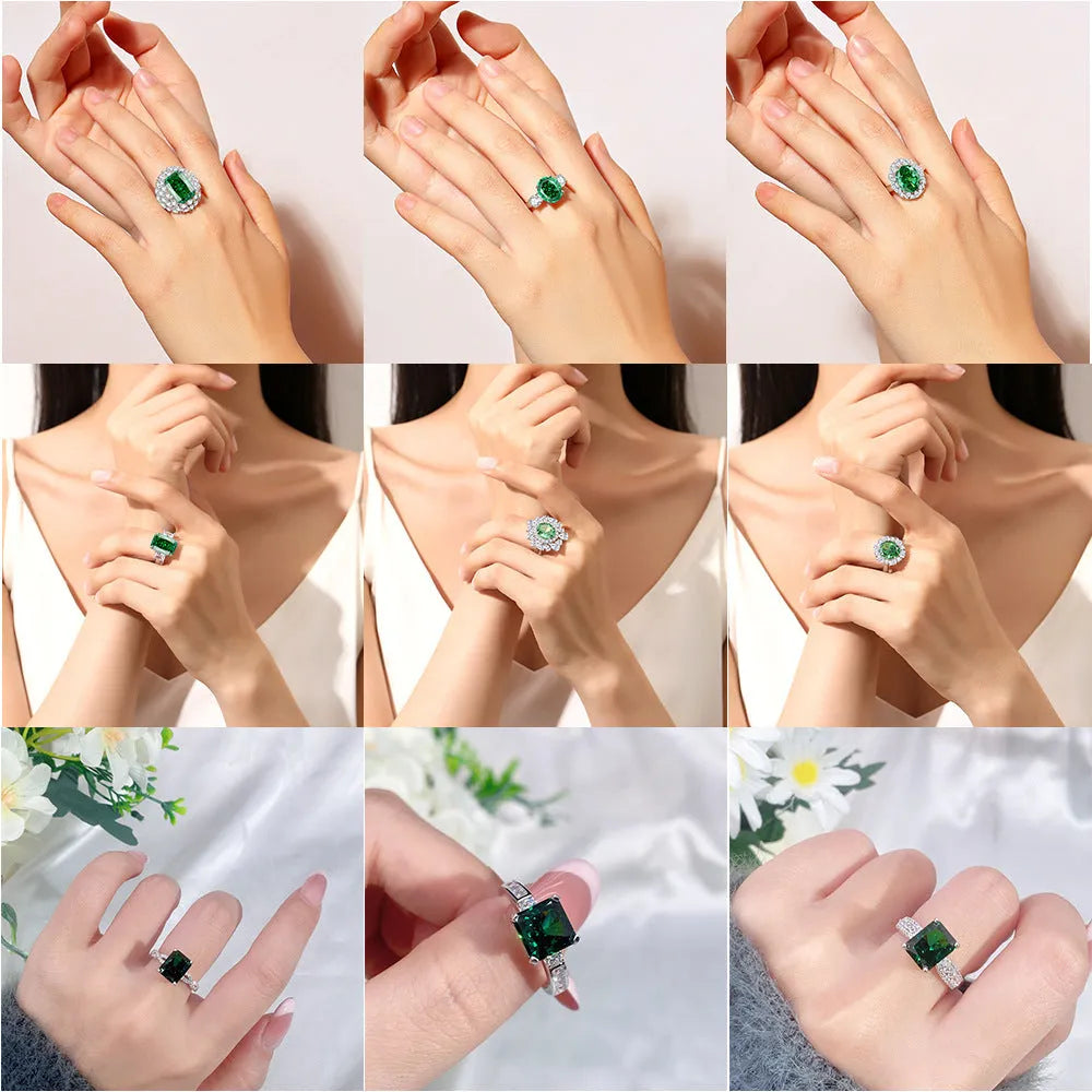 Women's S925 silver ring with emerald stone and high-carbon diamond inlays in geometric ellipse design