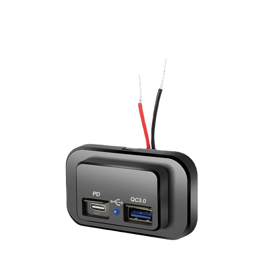 Black QC3.0 and PD 3.0 fast car charger with Type-C port for 36W charging in vehicles.