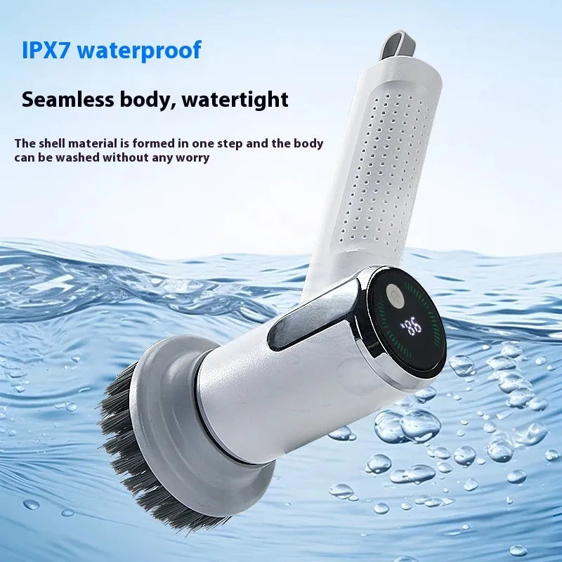 White wireless electric cleaning brush with replaceable heads and smart display for kitchen and bathroom use