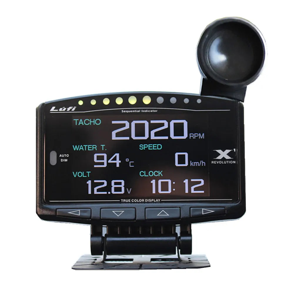 X1 English version automotive OBD diagnostic instrument with LED display on metal housing.
