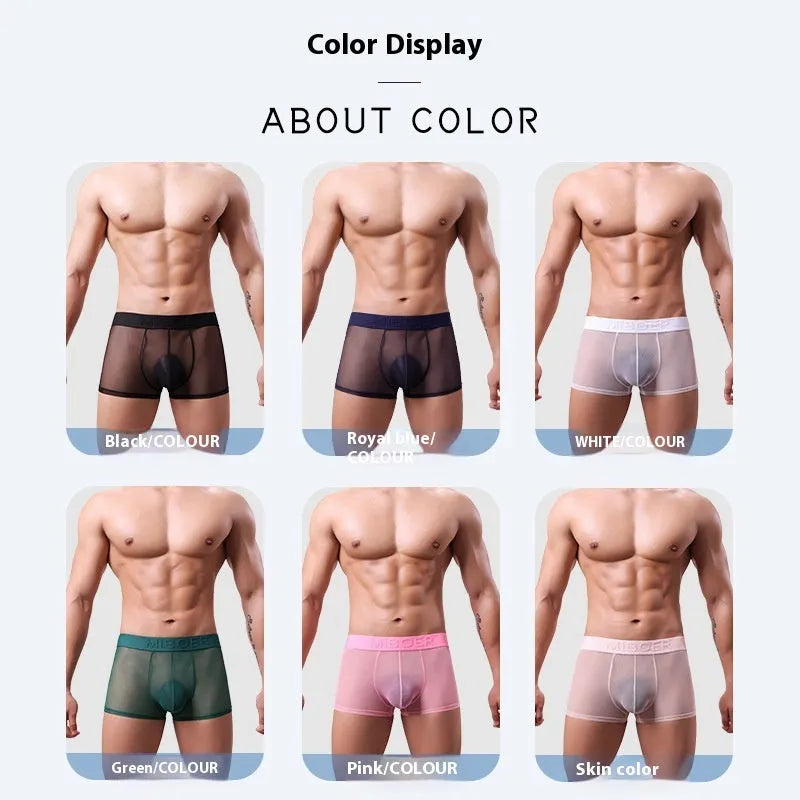 Men's thin polyester boxers in black, white, blue, skin, green and pink colours