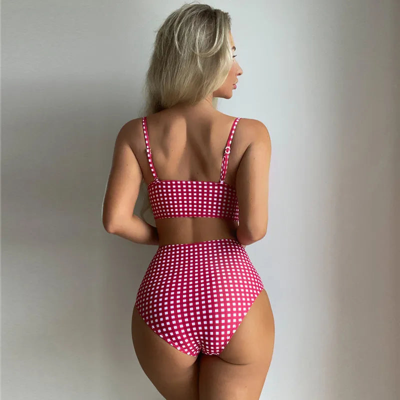 Women's plaid bikini swimsuit set with high-waist briefs in multiple colour options