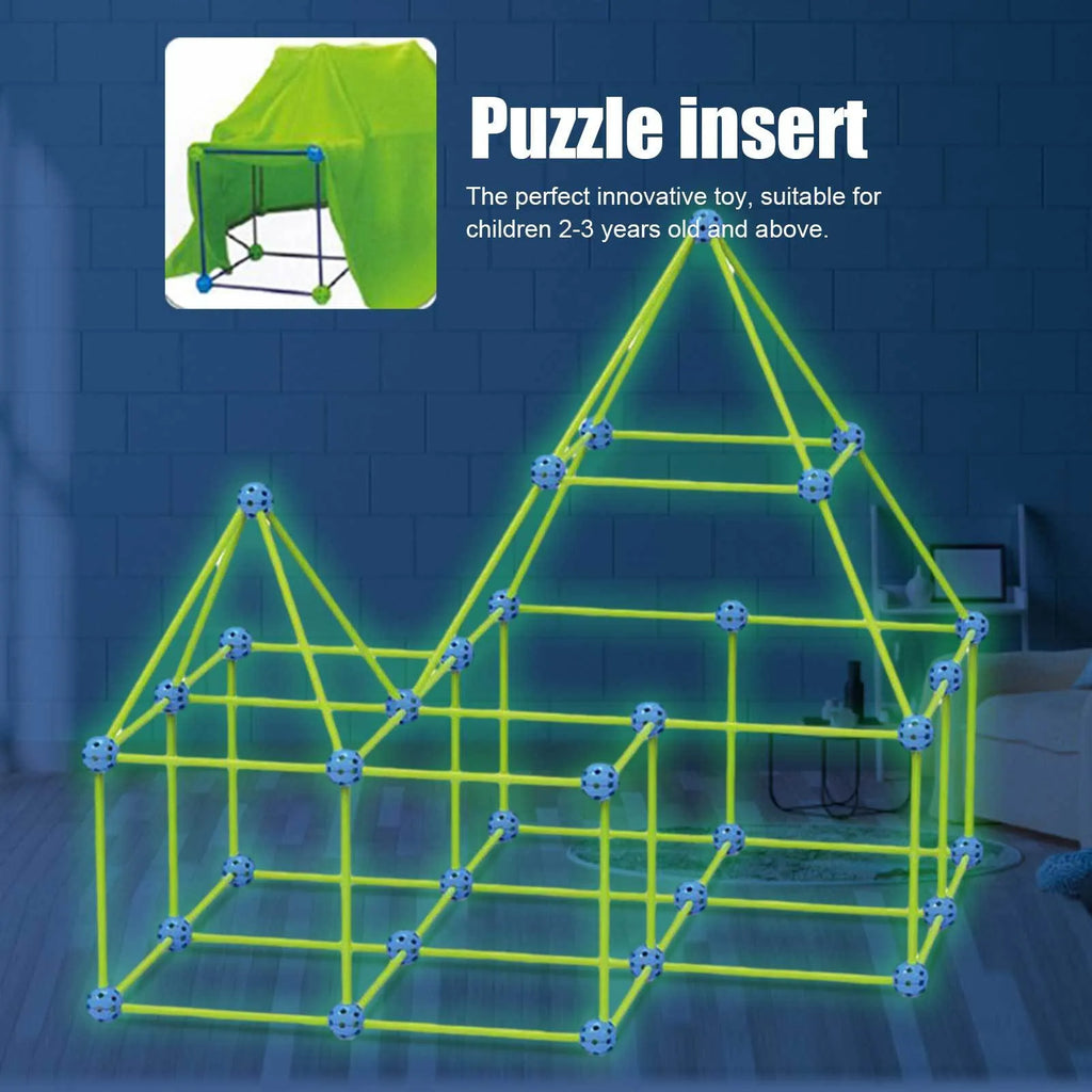 Children's plastic fort building kit with glowing sticks and connector balls assembled into a play tunnel.