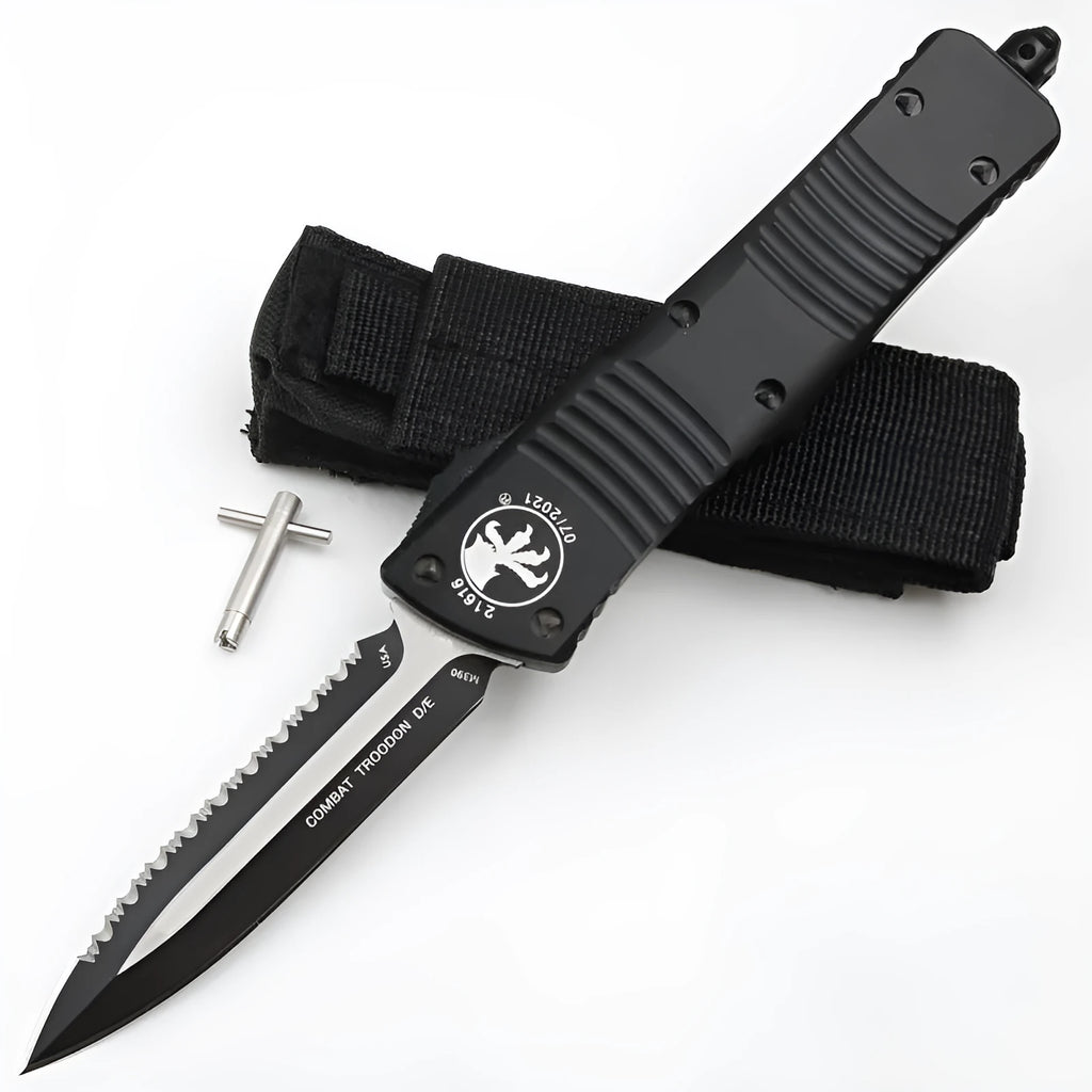Outdoor camping tactical folding knife with D2 steel blade, black wire-drawn finish, and aviation aluminium handle