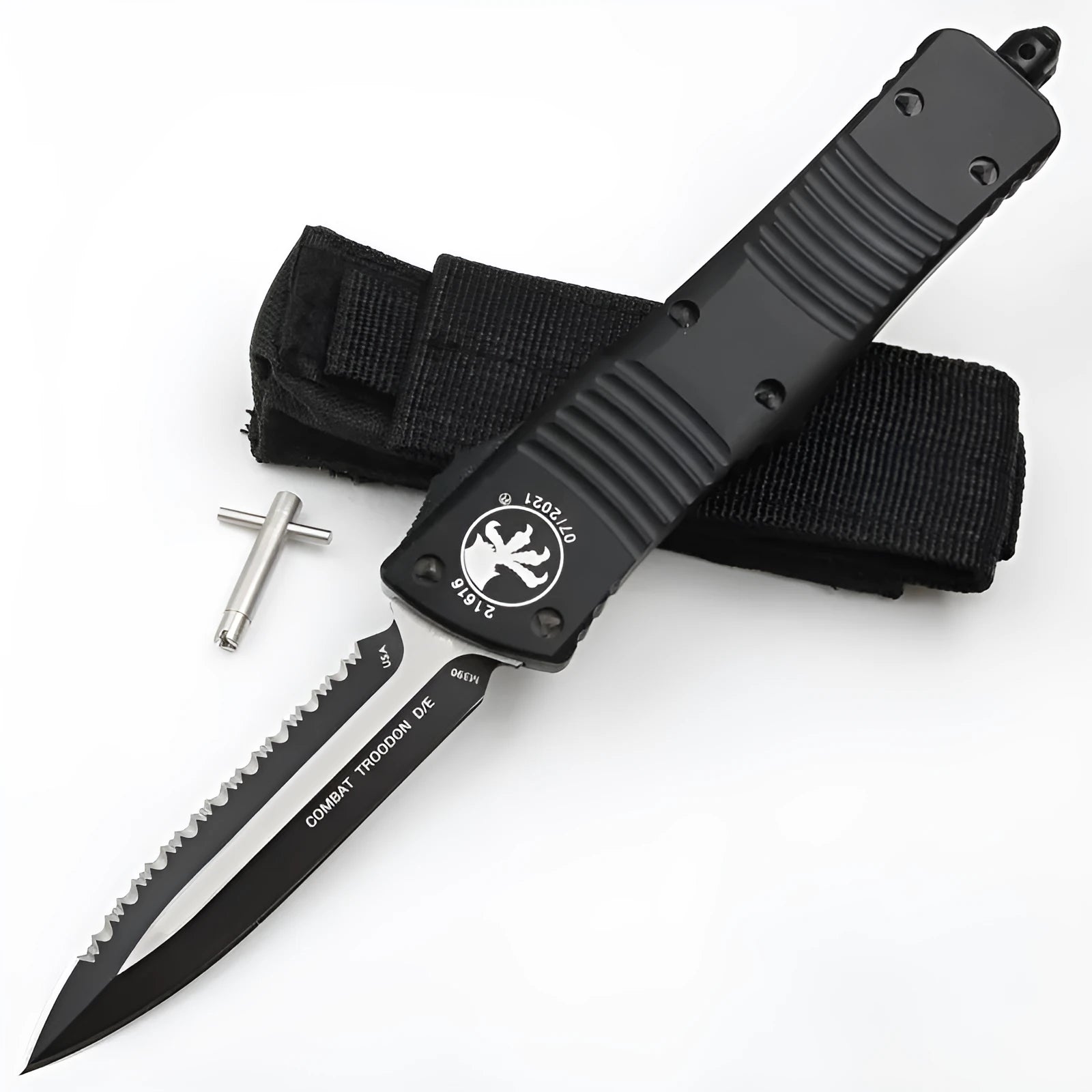 Outdoor camping tactical folding knife with D2 steel blade, black wire-drawn finish, and aviation aluminium handle