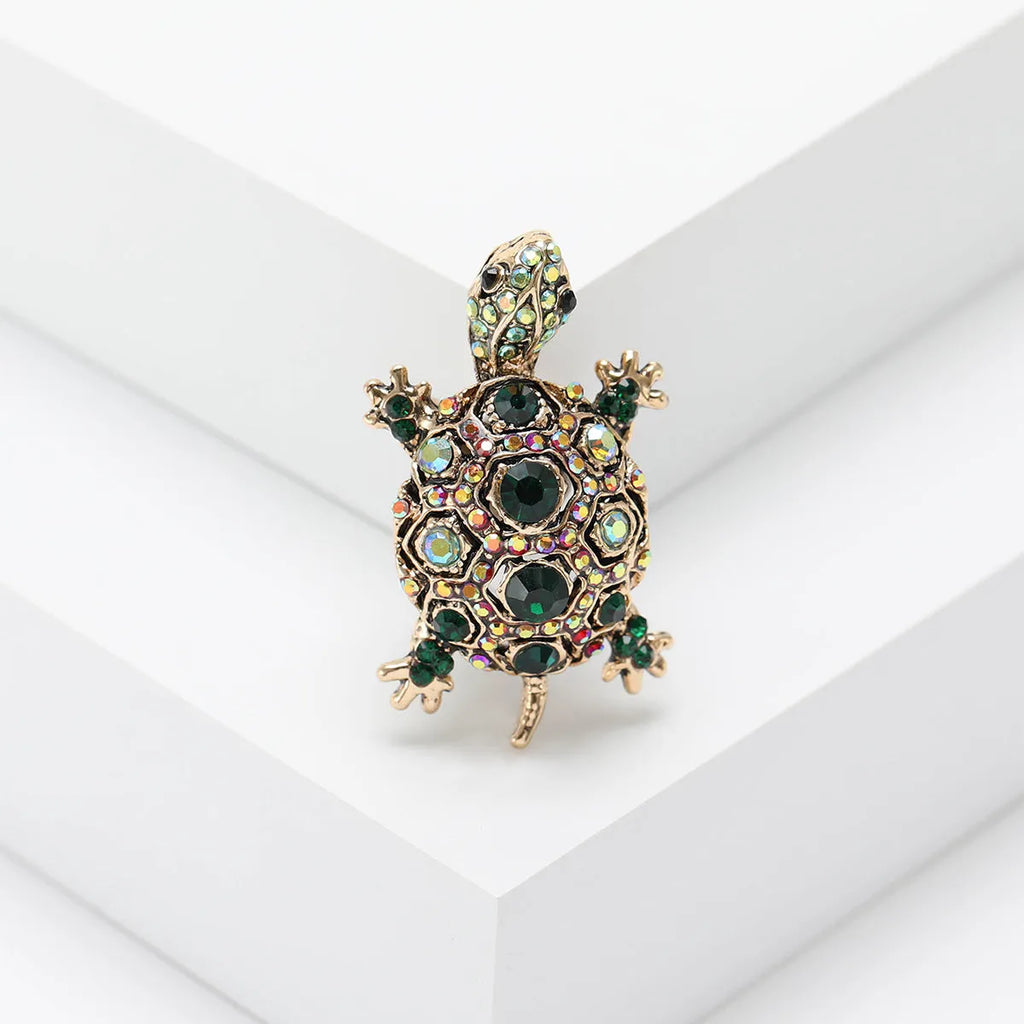 Retro style turtle brooch with rhinestone detailing in blue, green, or red colour options