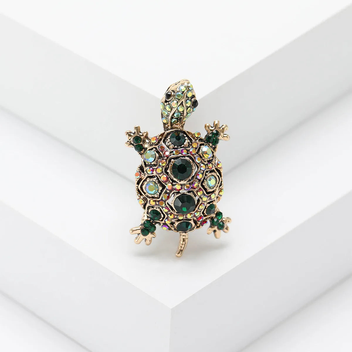 Retro style turtle brooch with rhinestone detailing in blue, green, or red colour options