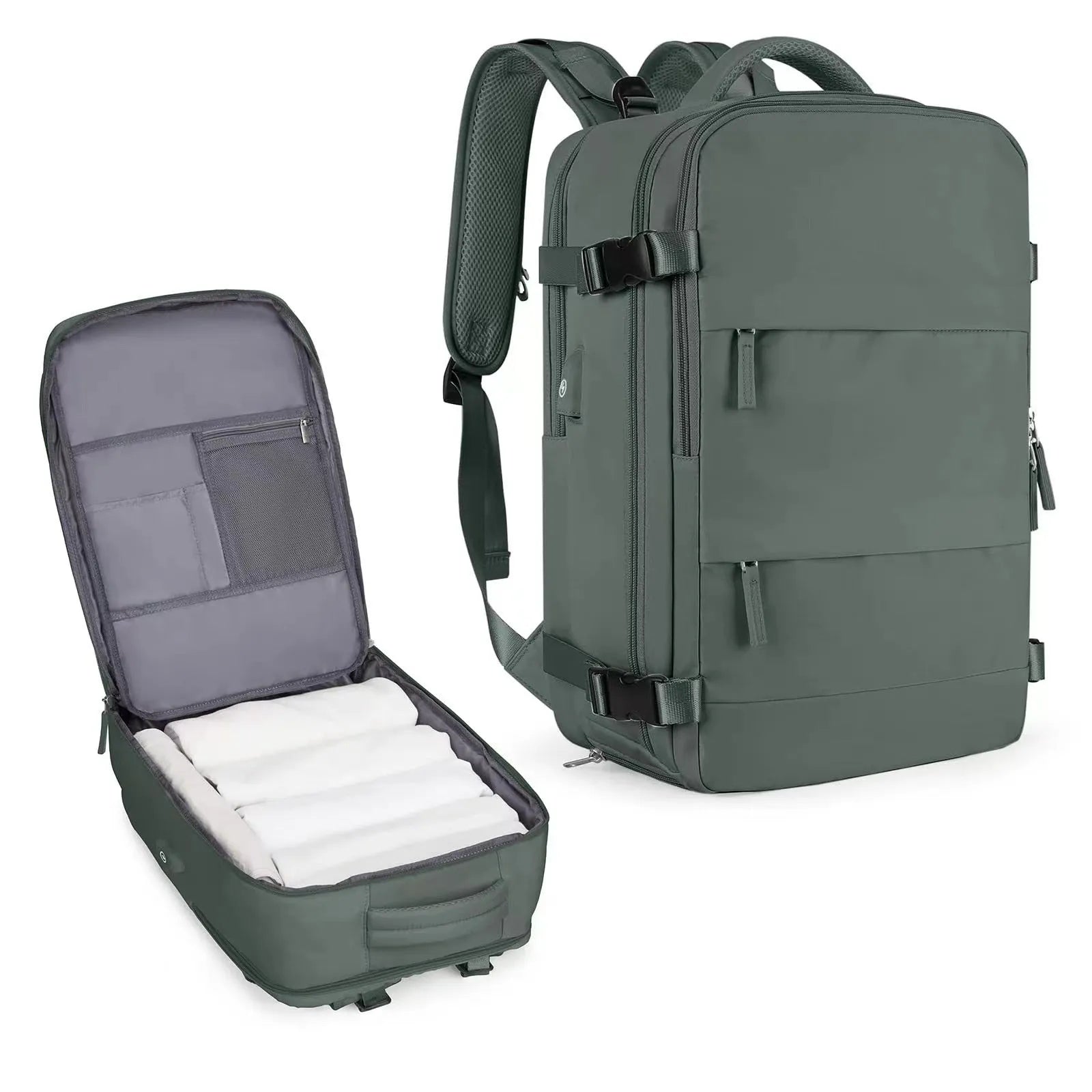 Large nylon waterproof mummy backpack in various colours on a neutral background.