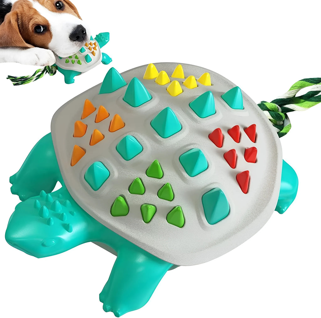 Mint-flavoured dinosaur knot dog chew toy made from natural rubber, shown in blue and chocolate colour.
