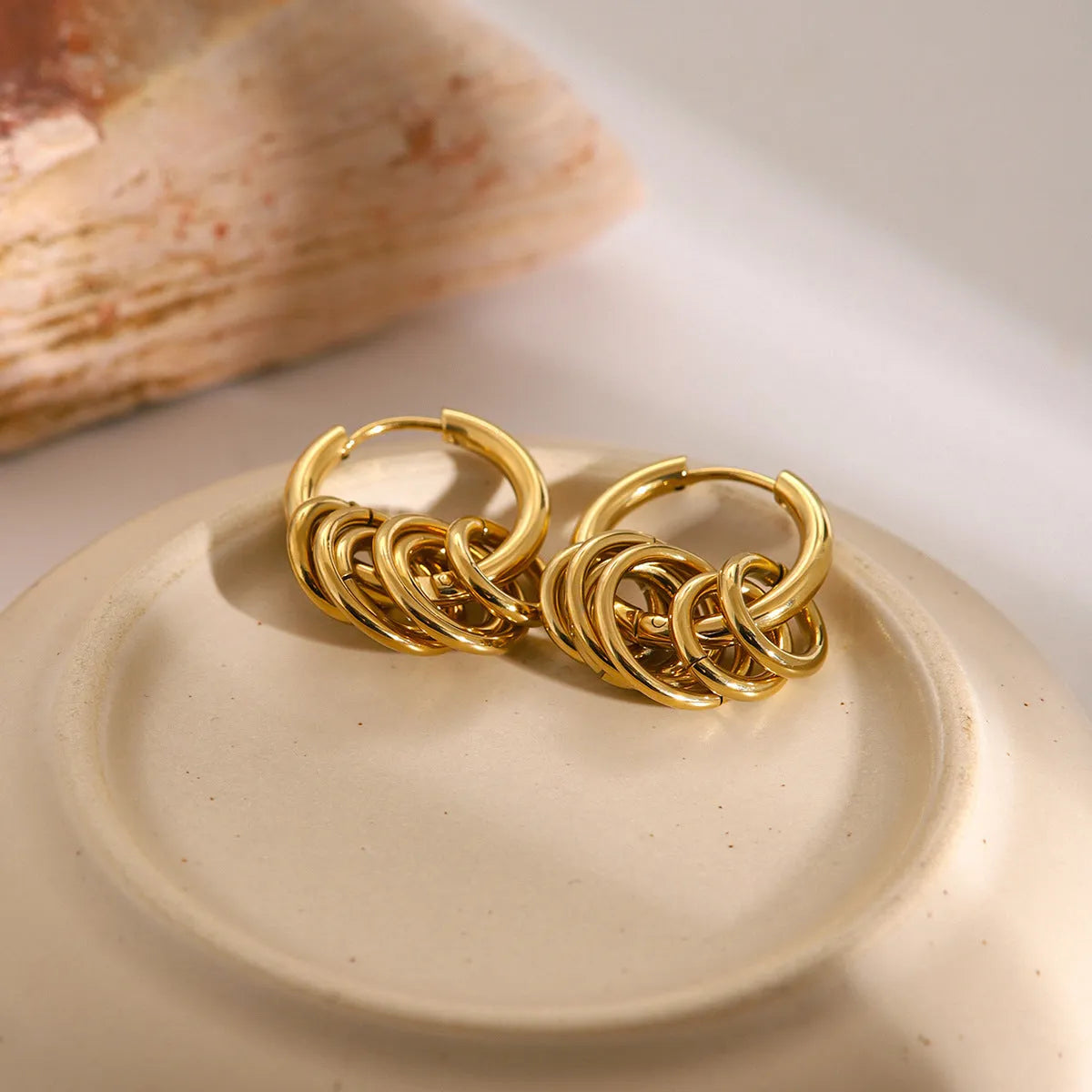 Stainless steel ins-style earrings with electroplated colour finish, available in two colour variations