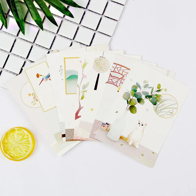 Pack of nine Japanese-style minimalist cartoon postcards with Paris and historic site designs.