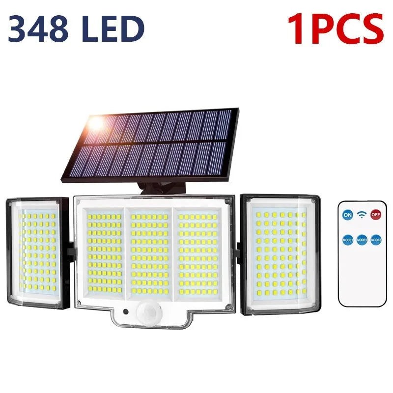White solar-powered outdoor garden lamp with motion sensor on a black stake.