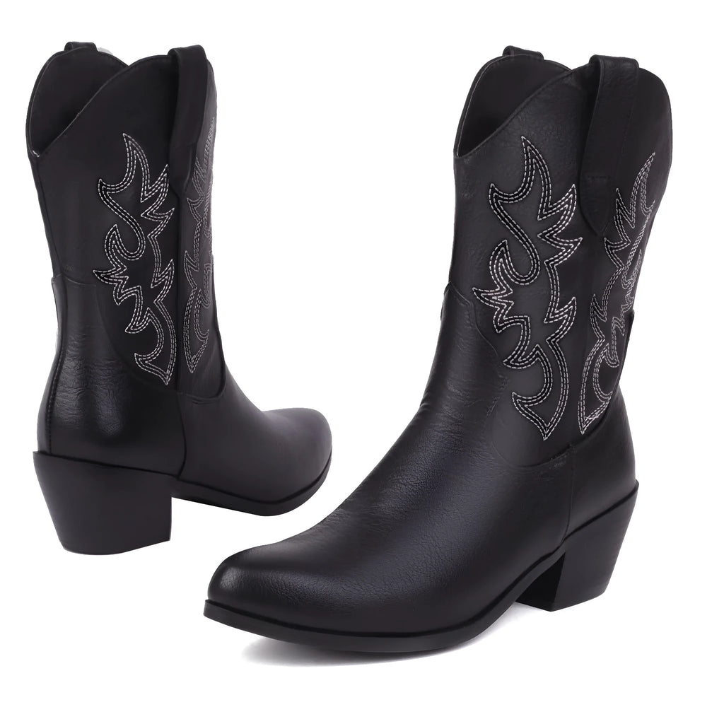 Women's black embroidered pointed toe mid-calf thick heel boots artificial PU leather