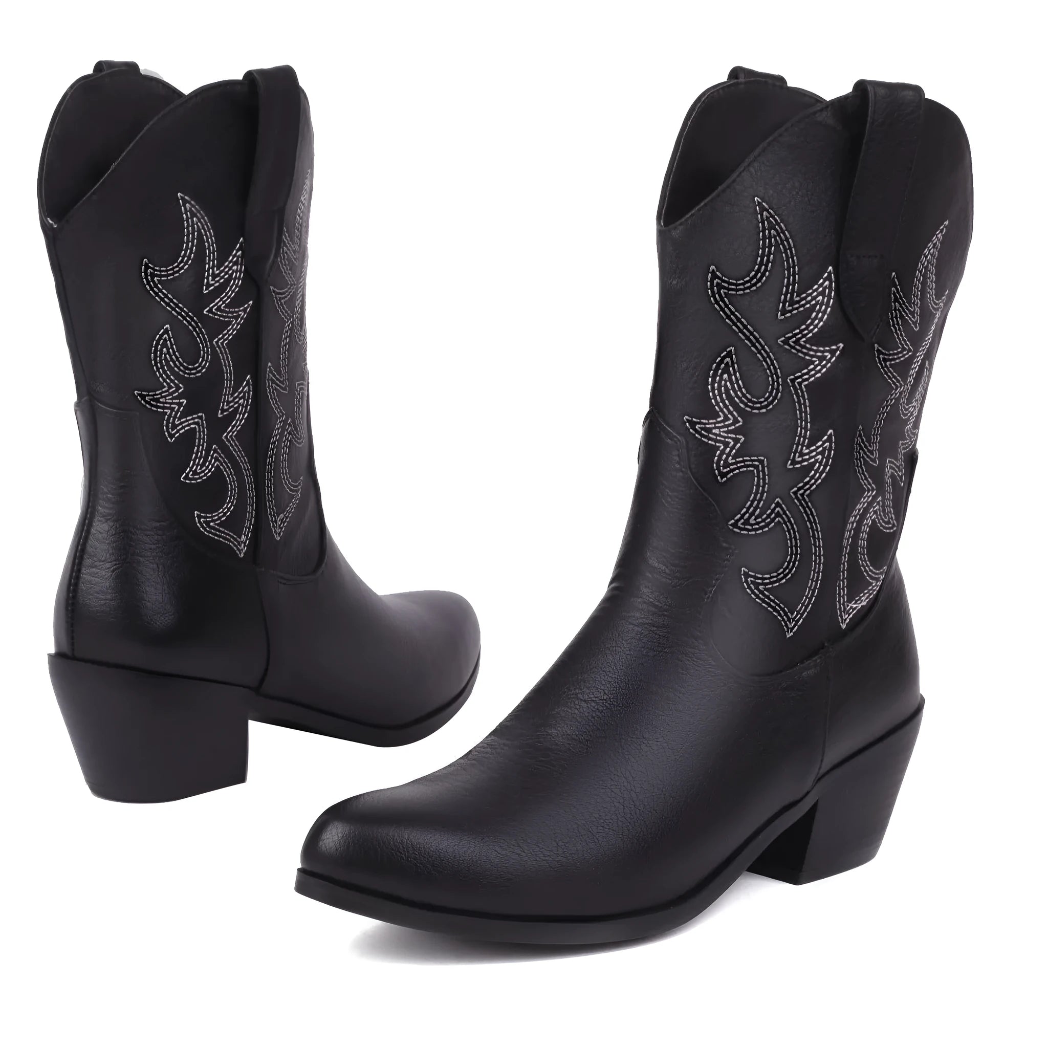 Women's black embroidered pointed toe mid-calf thick heel boots artificial PU leather