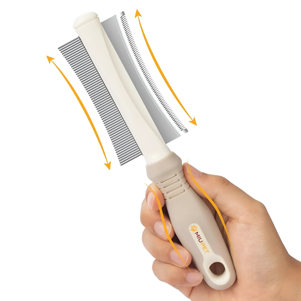 White dual-sided pet grooming brush with curved comb and deshedding blade on a grey handle.